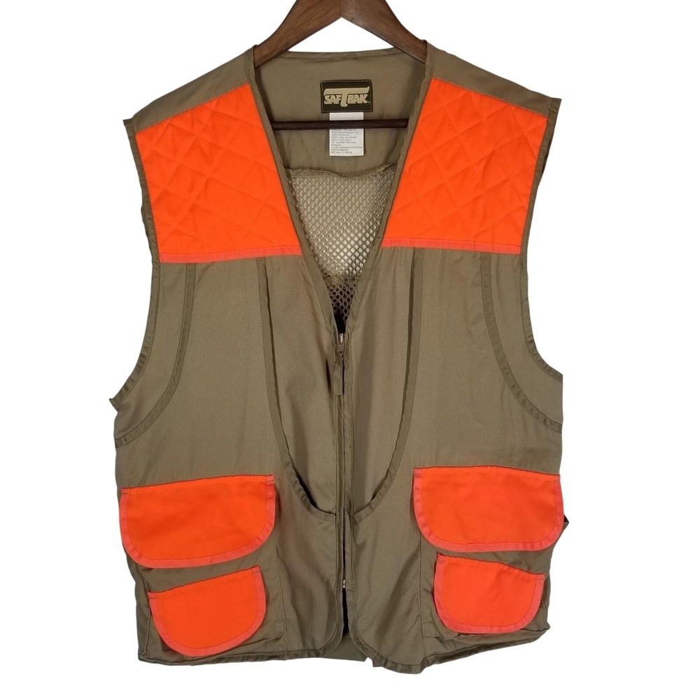 Saf-T-Bak Mens XL Upland Hunting‎ Vest Khaki Blaze Orange Mesh Back Outdoors